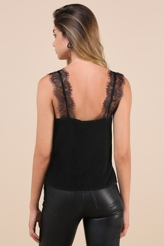 Lulus Charmed Confidence Black Velvet Eyelash Lace Cropped Tank Top In Black
