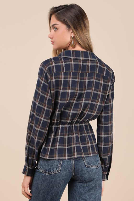 Seasonal Success Navy Blue Plaid Long Sleeve Peplum Top