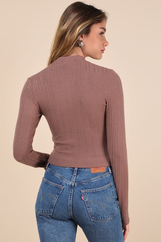 Lulus Cozy Being Brown Pointelle Knit Twist-front Long Sleeve Top In Brown