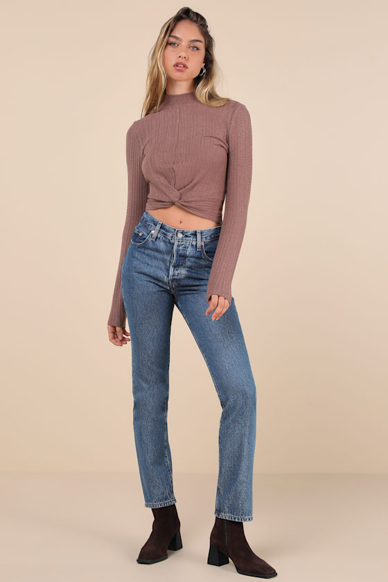Lulus Cozy Being Brown Pointelle Knit Twist-front Long Sleeve Top In Brown