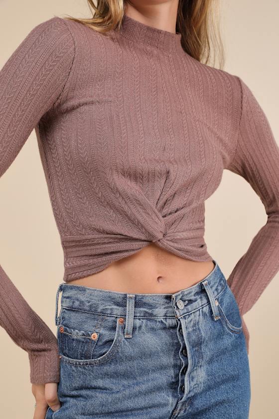 Lulus Cozy Being Brown Pointelle Knit Twist-front Long Sleeve Top In Brown