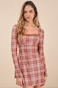 Especially Adored Light Brown Plaid Long Sleeve Mini Dress 1