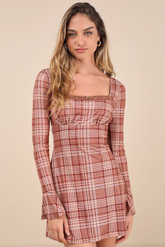 Especially Adored Light Brown Plaid Long Sleeve Mini Dress 1
