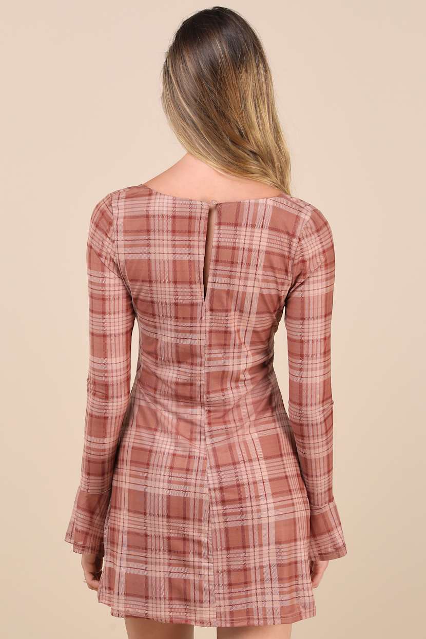 Light Brown Plaid Dress - Mesh Dress - Long Sleeve Mini Dress - Lulus