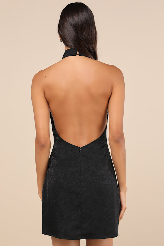Lulus Simply A Stunner Black Jacquard Cowl Backless Mini Dress In Black