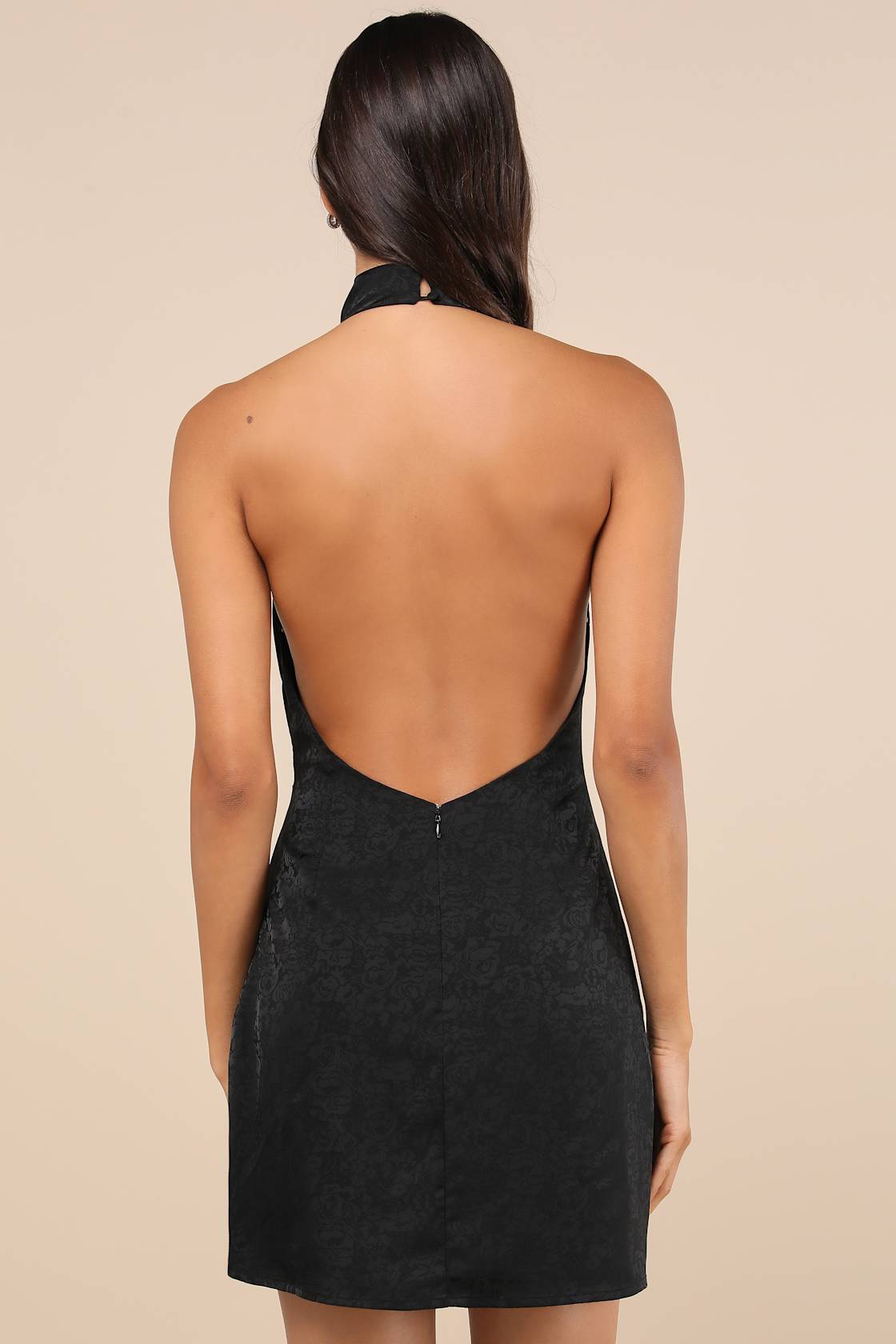 Simply a Stunner Black Jacquard Cowl Backless Mini Dress