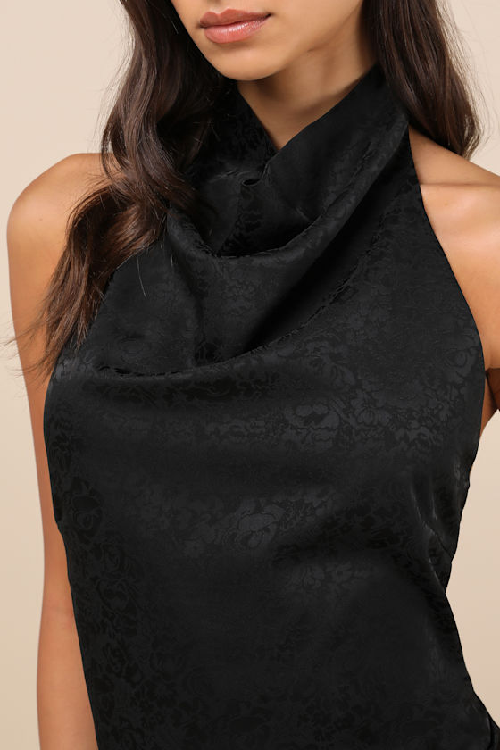 Lulus Simply A Stunner Black Jacquard Cowl Backless Mini Dress In Black