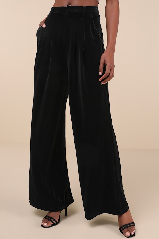 Shop Lulus Chic Splendor Black Velvet Pleated High-rise Wide-leg Pants