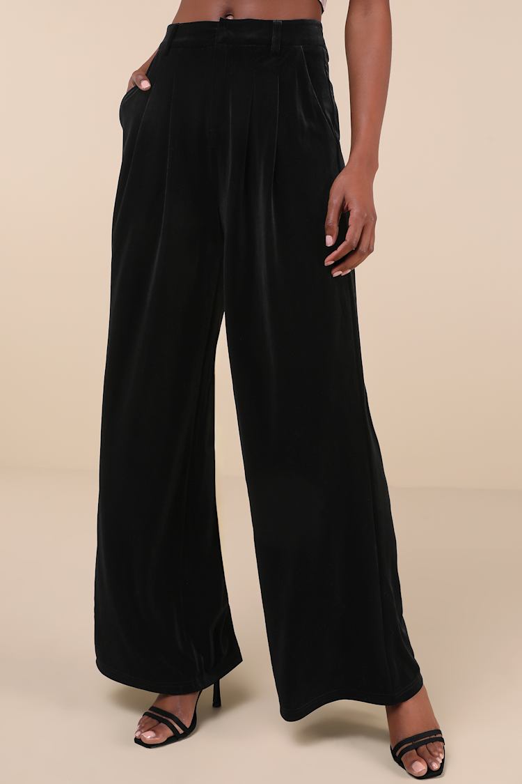Chic Splendor Black Velvet Pleated High-Rise Wide-Leg Pants
