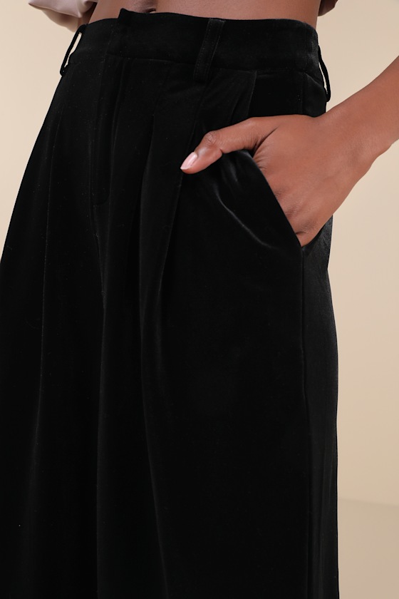 Shop Lulus Chic Splendor Black Velvet Pleated High-rise Wide-leg Pants