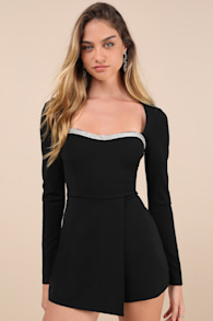 Fashionable Sparkle Black Rhinestone Long Sleeve Skort Romper