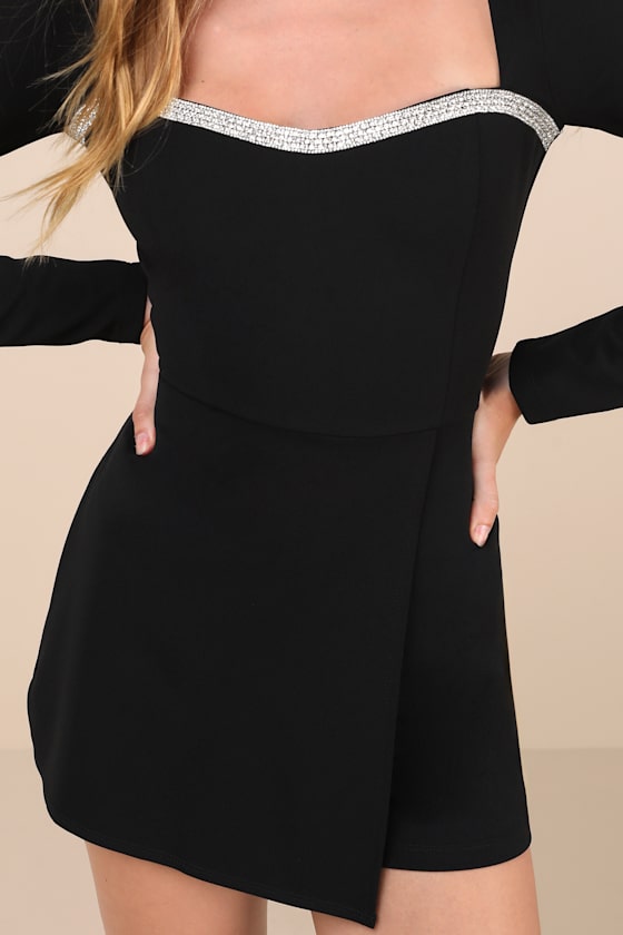 Lulus Fashionable Sparkle Black Rhinestone Long Sleeve Skort Romper In Black