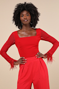 Effortlessly Luxe Red Feather Long Sleeve Bodysuit 2