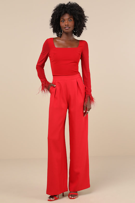 Effortlessly Luxe Red Feather Long Sleeve Bodysuit 4