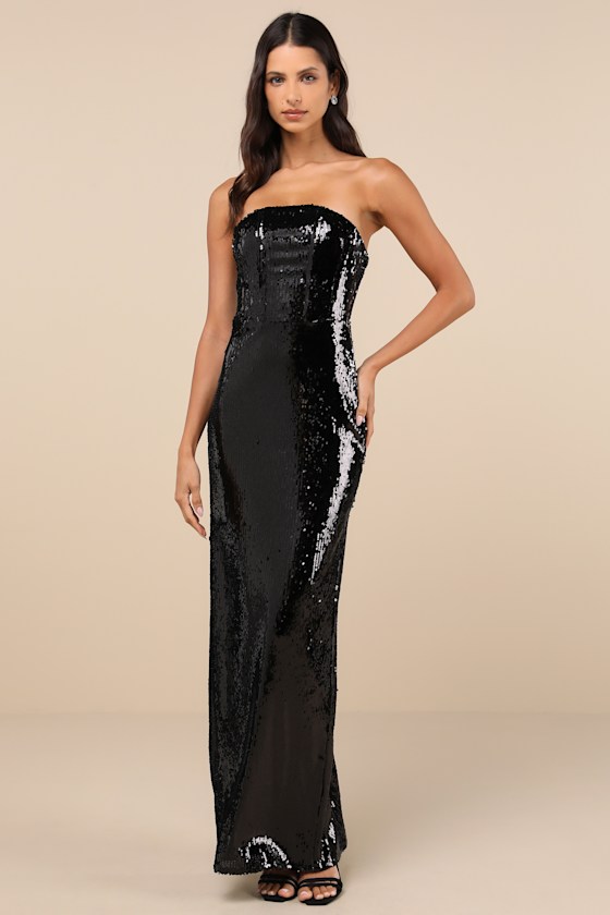 Lulus Dazzling Extravagance Black Sequin Strapless Bustier Maxi Dress In Black
