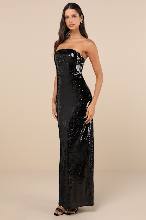 Lulus Dazzling Extravagance Black Sequin Strapless Bustier Maxi Dress In Black