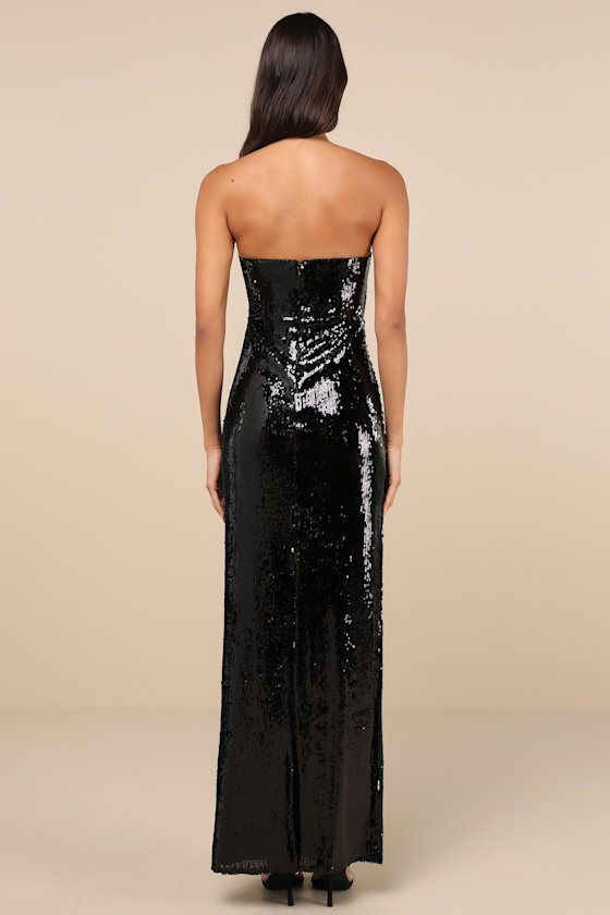 Lulus Dazzling Extravagance Black Sequin Strapless Bustier Maxi Dress In Black