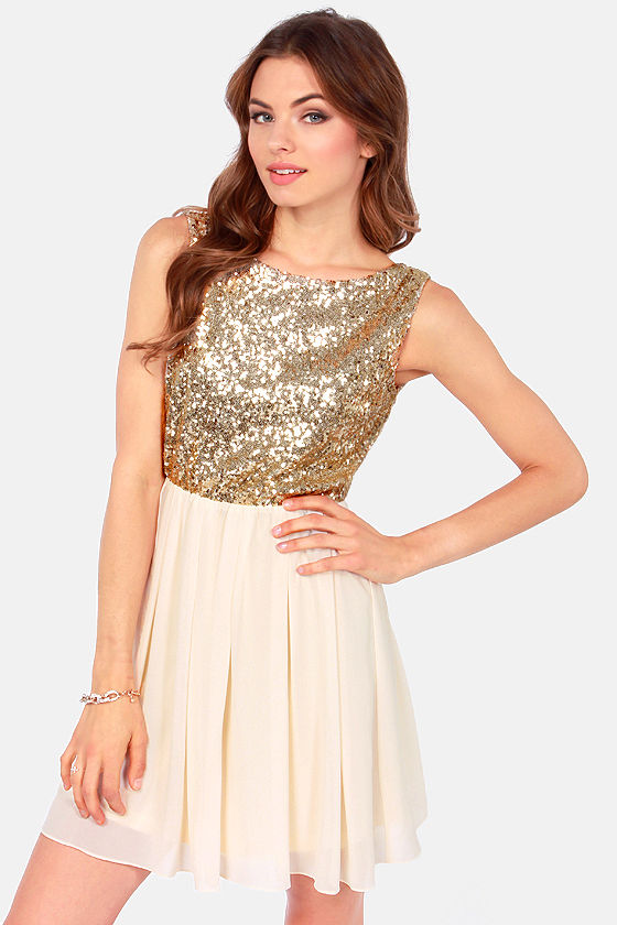 gold sequin top dress