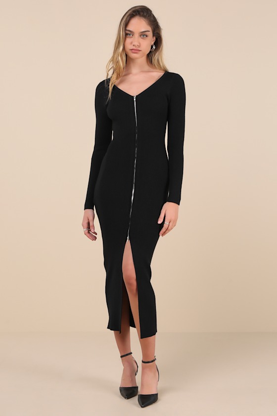 Lulus Snuggly Sweetness Black Ribbed Zip-front Sweater Midi Dress In Black