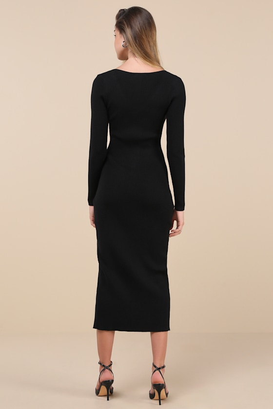 Snuggly Sweetness Black Ribbed Zip-Front Sweater Midi Dress