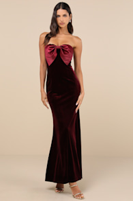 Dramatic Stunner Burgundy Velvet Bow Strapless Maxi Dress 2