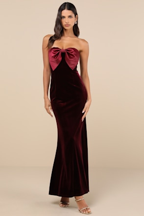 Lulus | Burgundy Velvet Bow Strapless Maxi Dress | Womens | Medium (Available in XXS, XS, S, L, XL) | 100% Polyester