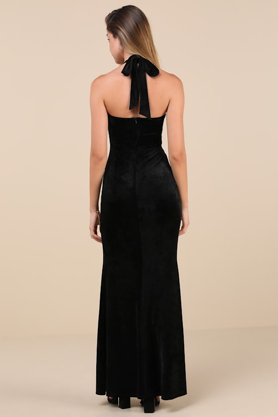 Lulus Luxurious Statement Black Velour Halter Mermaid Maxi Dress In Black