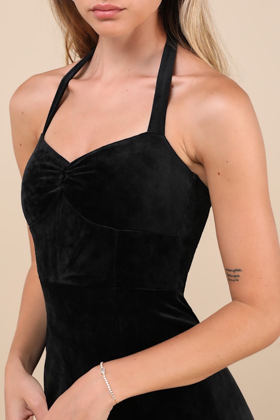 Lulus Luxurious Statement Black Velour Halter Mermaid Maxi Dress In Black
