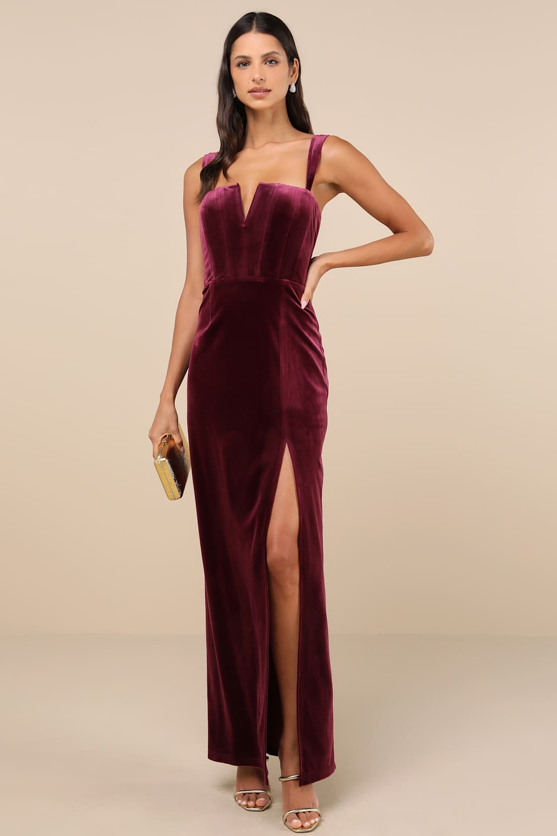 Pristine Luxury Dark Berry Velvet Bustier Maxi Dress