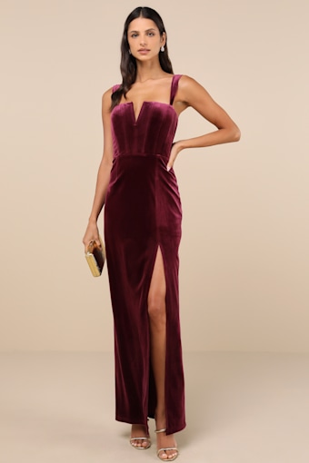 Pristine Luxury Berry Purple Velvet Bustier Maxi Dress 3