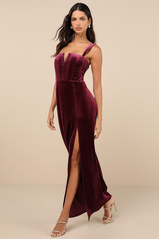 Lulus Pristine Luxury Berry Purple Velvet Bustier Maxi Dress In Purple