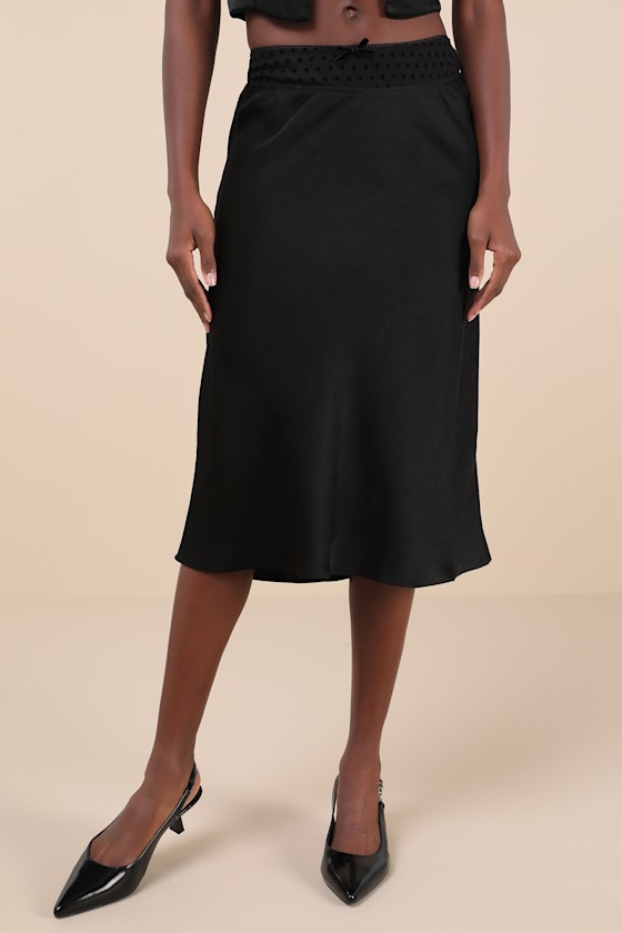 NIA Mira Skirt - Black Velvet Bow Skirt - Satin Slip Midi