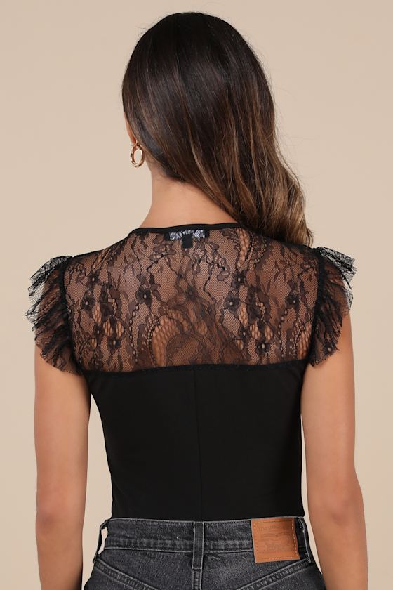 Lulus Coveted Crush Black Lace Tie-neck Bodysuit In Black