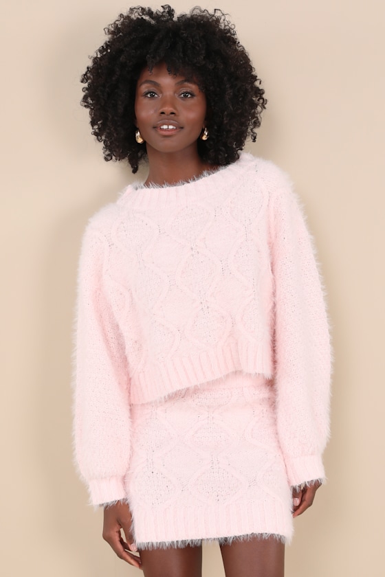 Wintery Aura Light Pink Fuzzy Cable Knit Sweater Mini Skirt 1