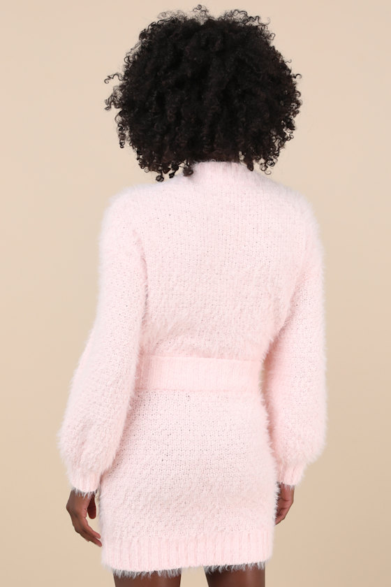 Glamorous Wintery Aura Light Pink Fuzzy Cable Knit Sweater Mini Skirt In Light Pink