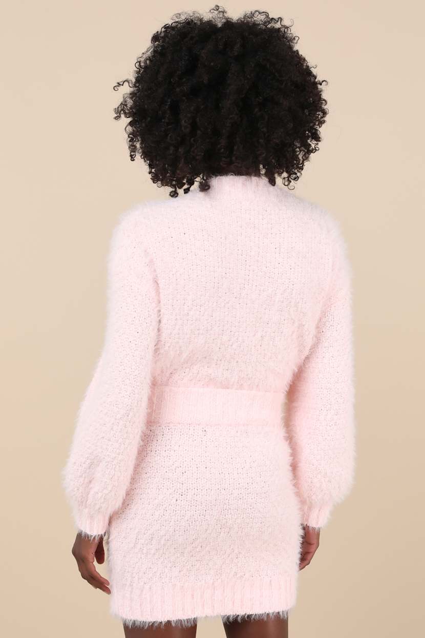 Wintery Aura Light Pink Fuzzy Cable Knit Sweater Mini Skirt