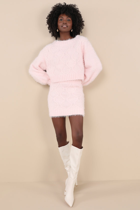 Glamorous Wintery Aura Light Pink Fuzzy Cable Knit Sweater Mini Skirt In Light Pink