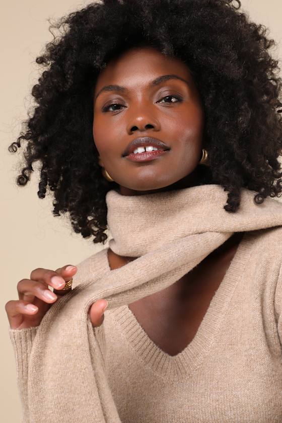 Lulus Essential Coziness Heather Beige Sweater Dress And Scarf Set In Beige