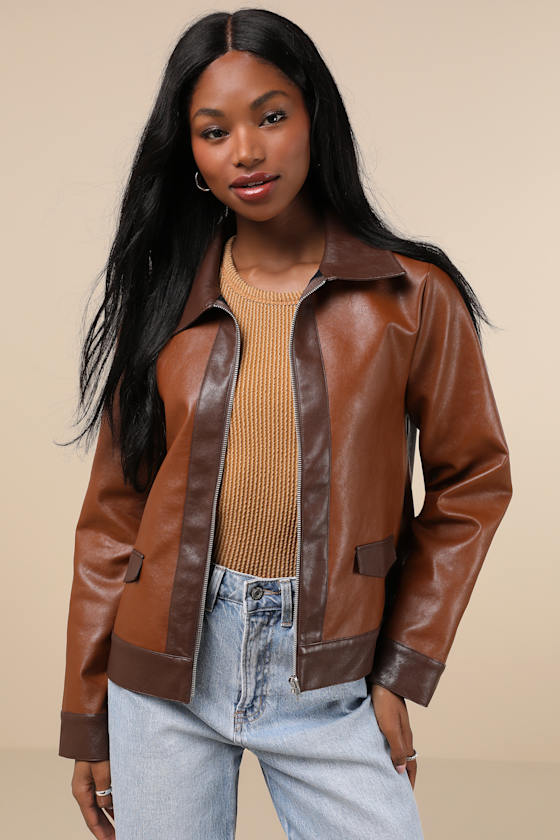 Lulus Immaculately Chic Brown Color Block Vegan Leather Moto Jacket In Brown