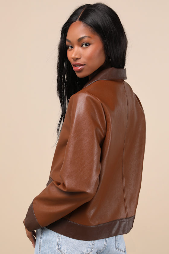 Lulus Immaculately Chic Brown Color Block Vegan Leather Moto Jacket In Brown