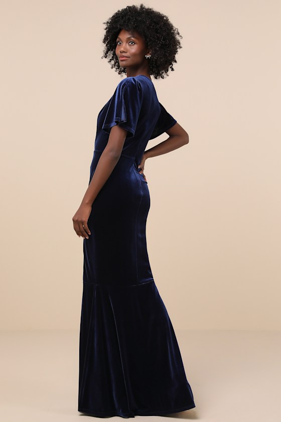 Shop Lulus Elegant Evenings Navy Velvet Flutter Sleeve Trumpet Maxi Dress
