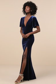 Elegant Evenings Navy Velvet Flutter Sleeve Trumpet Maxi Dress 3