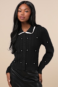 Perla Black Rhinestone Pearl Pointelle Knit Collared Cardigan 2
