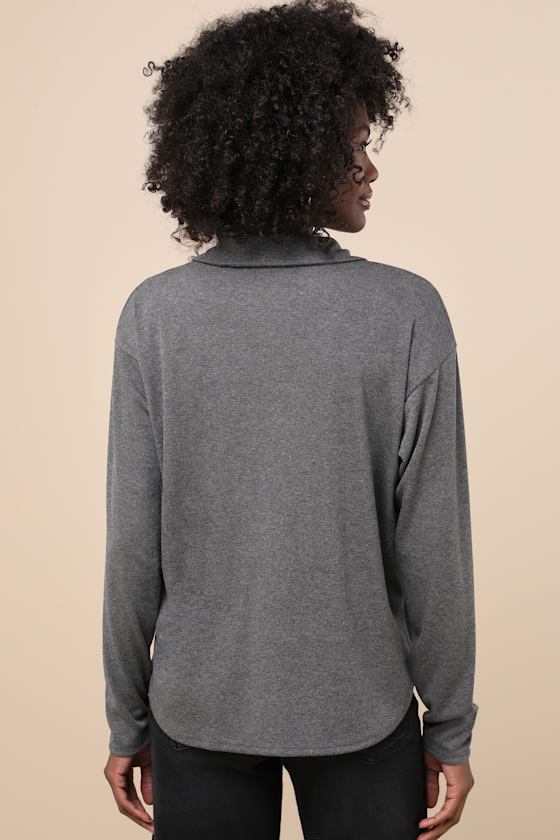 Charcoal Grey Knit Top - Collared Button-Up Top - Long