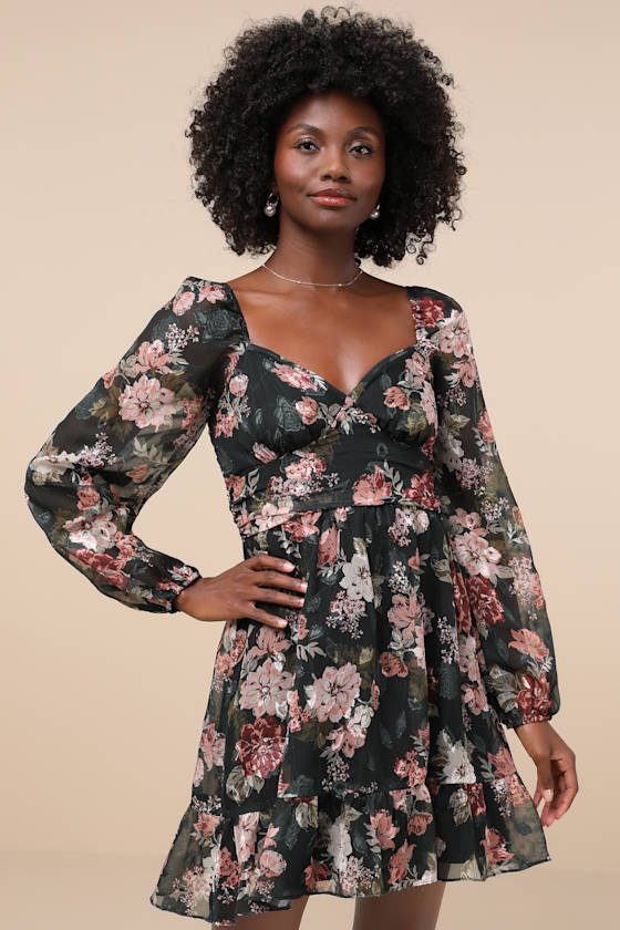 Lulus Truly Adorable Green Floral Burnout Balloon Sleeve Mini Dress In Green