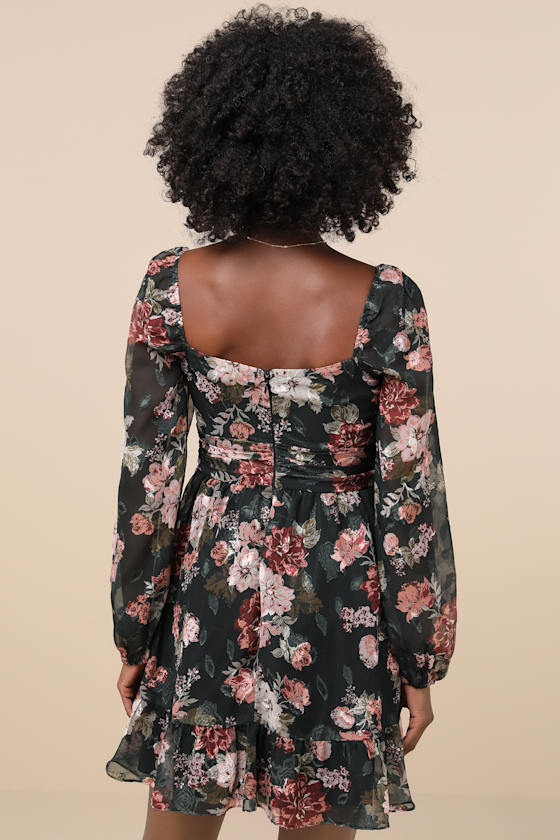 Lulus Truly Adorable Green Floral Burnout Balloon Sleeve Mini Dress In Green