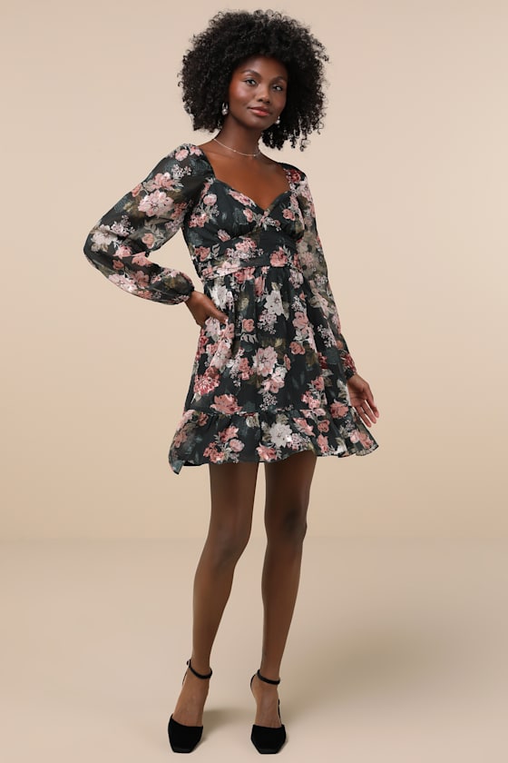 Lulus Truly Adorable Green Floral Burnout Balloon Sleeve Mini Dress In Green