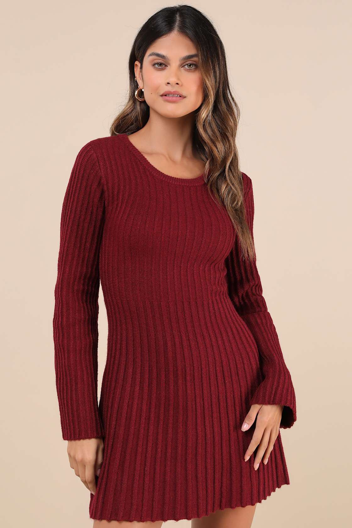 Convincing Poise Burgundy Ribbed Long Sleeve Skater Mini Dress