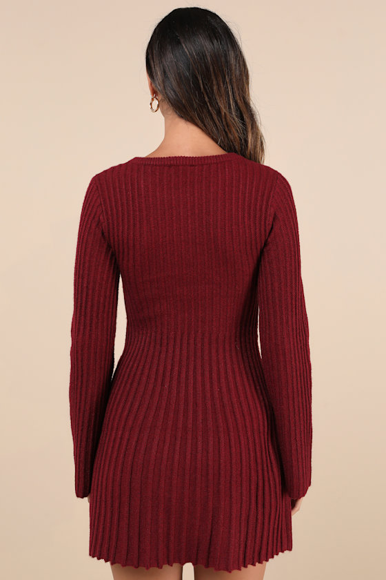 Lulus Convincing Poise Burgundy Ribbed Long Sleeve Skater Mini Dress In Burgundy