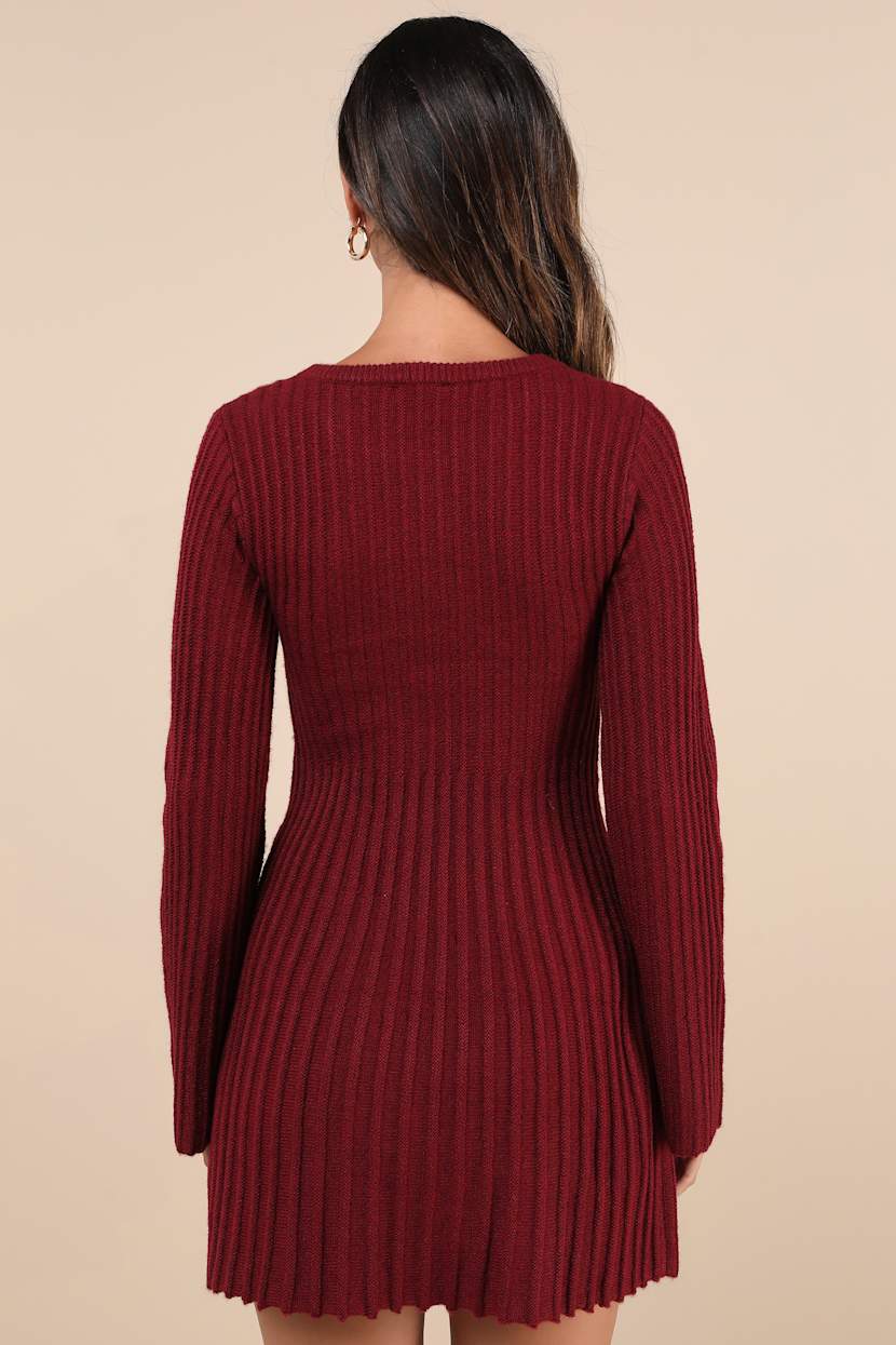 Burgundy Ribbed Dress - Long Sleeve Dress - Skater Mini Dress - Lulus